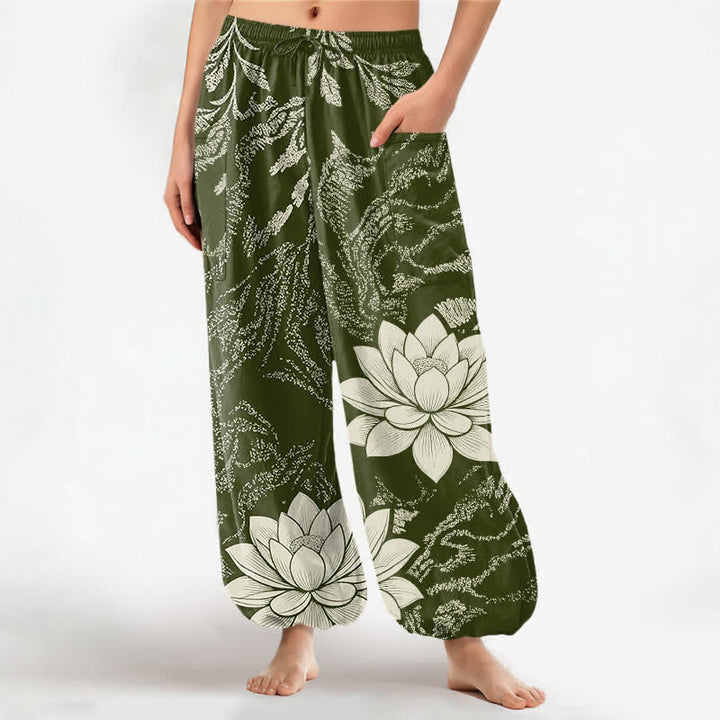 Buddha Stones Cotton Olive Lotus Botanical Pattern Women's Elastic Waist Harem Pants With Side Pockets - DarkOliveGreen - US16，UK/AU20，EU48 (3XL) - image 0