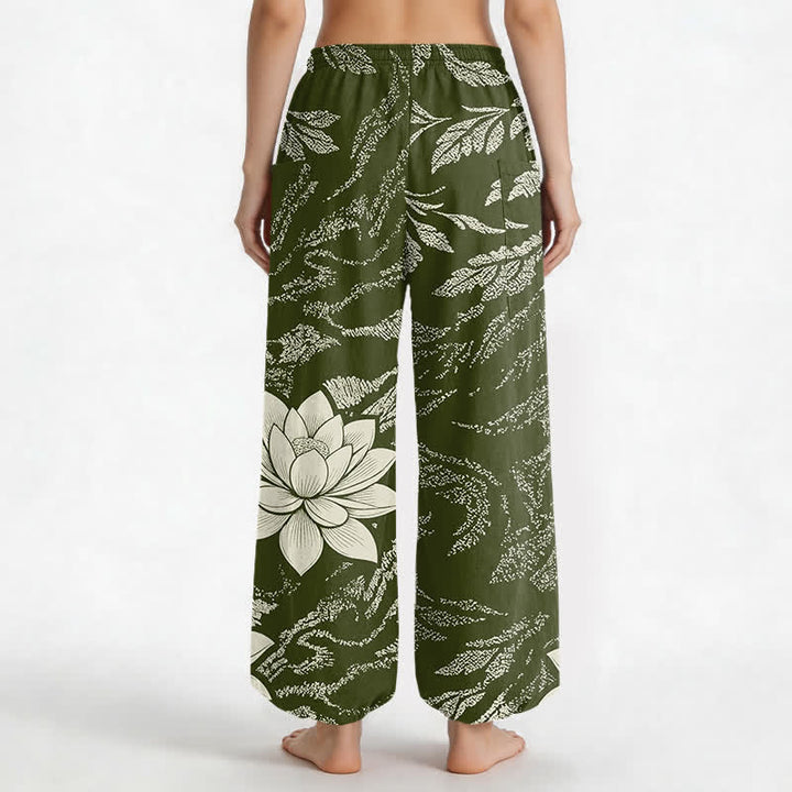 Buddha Stones Cotton Olive Lotus Botanical Pattern Women's Elastic Waist Harem Pants With Side Pockets - image 2