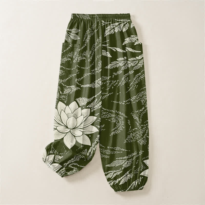 Buddha Stones Cotton Olive Lotus Botanical Pattern Women's Elastic Waist Harem Pants With Side Pockets - image 4