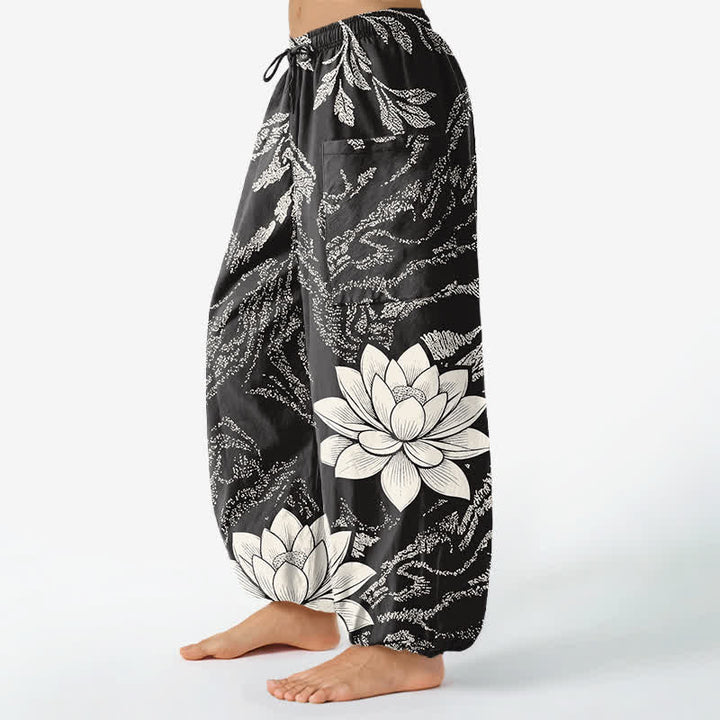 Buddha Stones Cotton Olive Lotus Botanical Pattern Women's Elastic Waist Harem Pants With Side Pockets - image 8