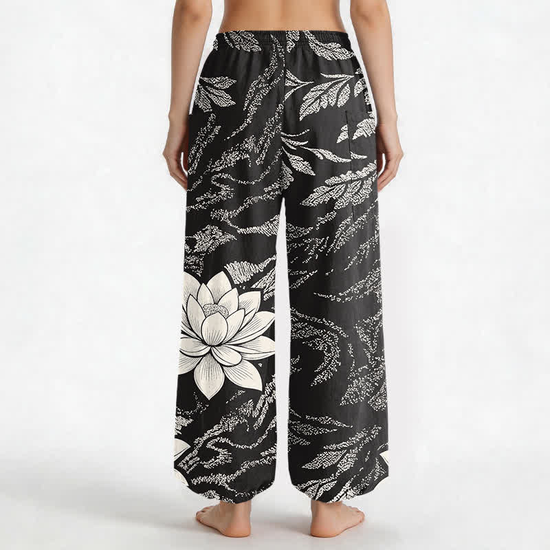 Buddha Stones Cotton Olive Lotus Botanical Pattern Women's Elastic Waist Harem Pants With Side Pockets - image 9