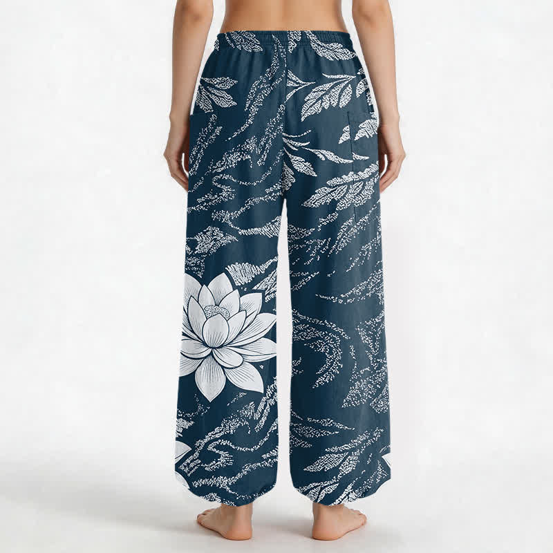 Buddha Stones Cotton Olive Lotus Botanical Pattern Women's Elastic Waist Harem Pants With Side Pockets - image 12