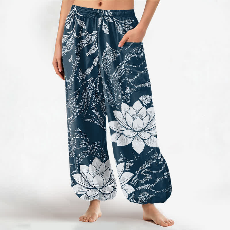 Buddha Stones Cotton Olive Lotus Botanical Pattern Women's Elastic Waist Harem Pants With Side Pockets - Teal - US16，UK/AU20，EU48 (3XL) - image 10