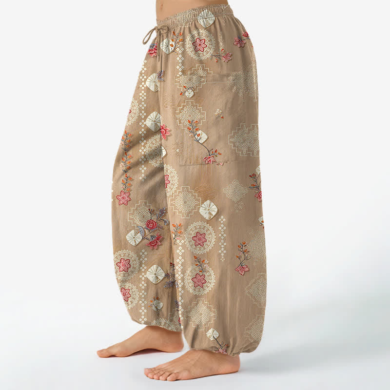 Buddha Stones Cotton Vintage Floral Geometric Pattern Women's Elastic Waist Harem Pants With Side Pockets - image 1