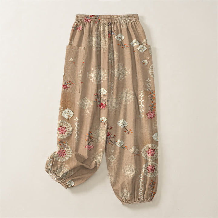 Buddha Stones Cotton Vintage Floral Geometric Pattern Women's Elastic Waist Harem Pants With Side Pockets - image 4
