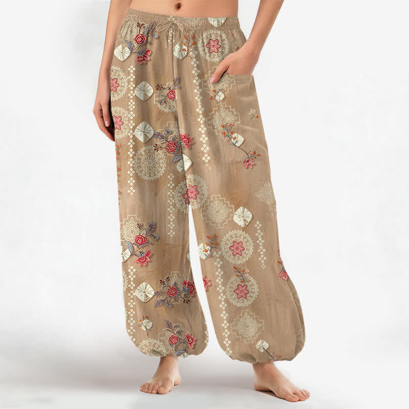 Buddha Stones Cotton Vintage Floral Geometric Pattern Women's Elastic Waist Harem Pants With Side Pockets - BurlyWood - US16，UK/AU20，EU48 (3XL) - image 0