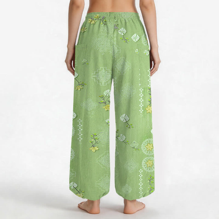 Buddha Stones Cotton Vintage Floral Geometric Pattern Women's Elastic Waist Harem Pants With Side Pockets - image 9