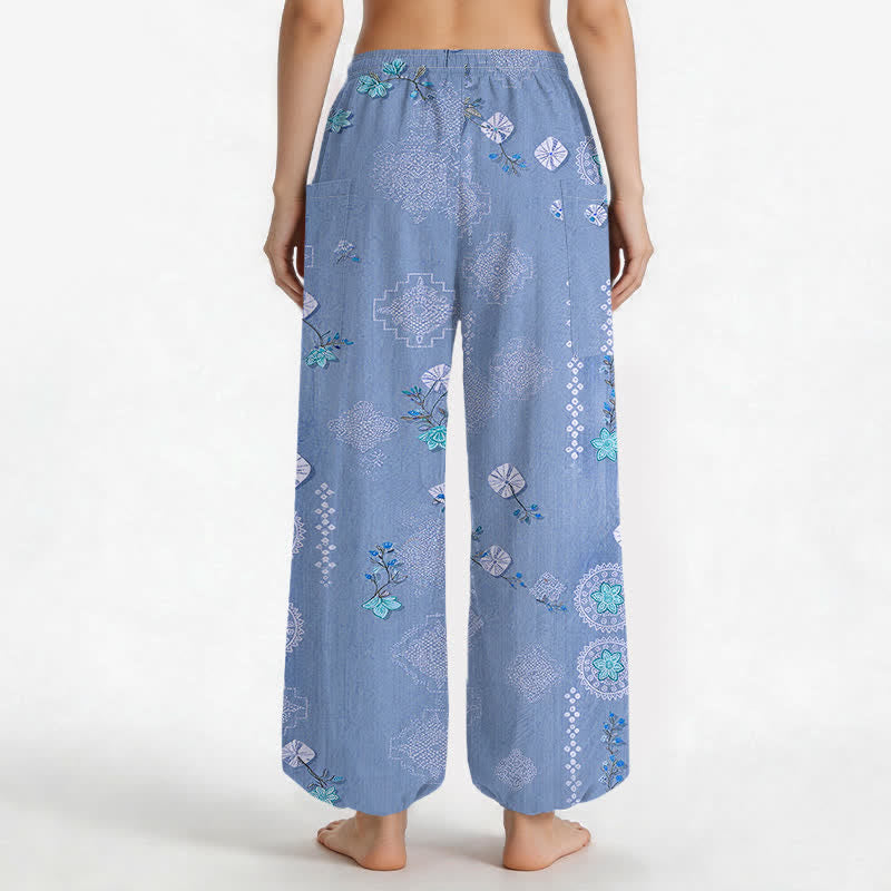 Buddha Stones Cotton Vintage Floral Geometric Pattern Women's Elastic Waist Harem Pants With Side Pockets - image 12