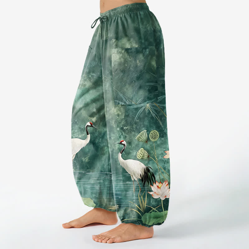 Buddha Stones Cotton Oriental Crane Lotus Pattern Women's Elastic Waist Harem Pants With Side Pockets - image 1