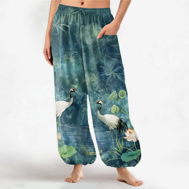Buddha Stones Cotton Oriental Crane Lotus Pattern Women's Elastic Waist Harem Pants With Side Pockets - Teal - US16，UK/AU20，EU48 (3XL) - image 7
