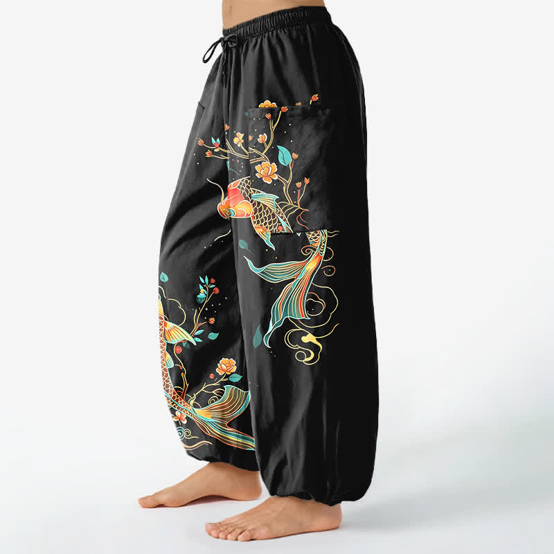 Buddha Stones Cotton Koi Floral Oriental Pattern Women's Elastic Waist Harem Pants With Side Pockets - image 1