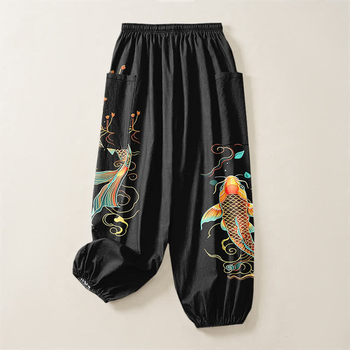 Buddha Stones Cotton Koi Floral Oriental Pattern Women's Elastic Waist Harem Pants With Side Pockets - image 4