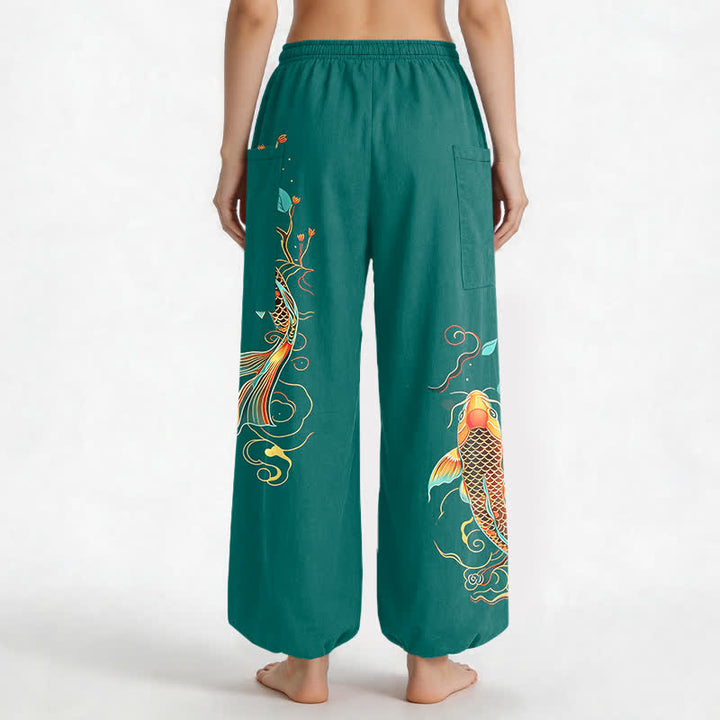 Buddha Stones Cotton Koi Floral Oriental Pattern Women's Elastic Waist Harem Pants With Side Pockets - image 9