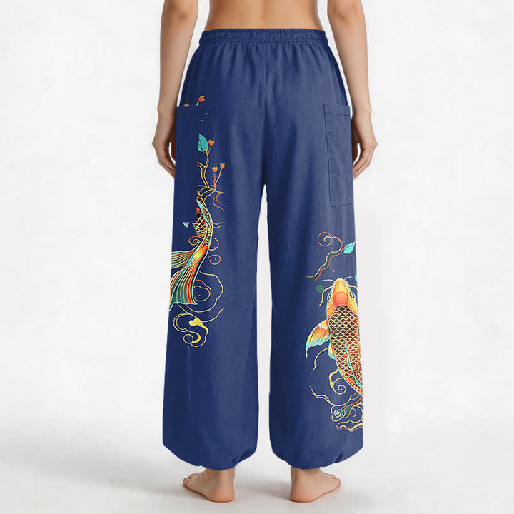 Buddha Stones Cotton Koi Floral Oriental Pattern Women's Elastic Waist Harem Pants With Side Pockets - image 12