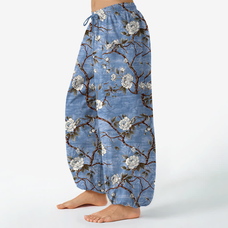 Buddha Stones Cotton Botanical Blossom Pattern Women's Elastic Waist Harem Pants With Side Pockets - image 1