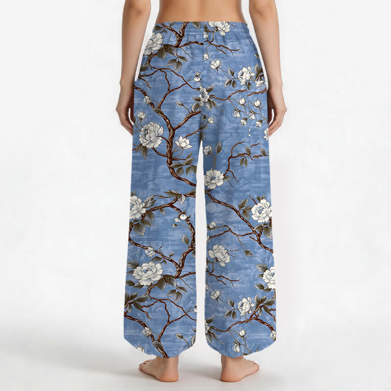 Buddha Stones Cotton Botanical Blossom Pattern Women's Elastic Waist Harem Pants With Side Pockets - image 2