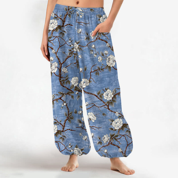 Buddha Stones Cotton Botanical Blossom Pattern Women's Elastic Waist Harem Pants With Side Pockets - SteelBlue - US16，UK/AU20，EU48 (3XL) - image 0