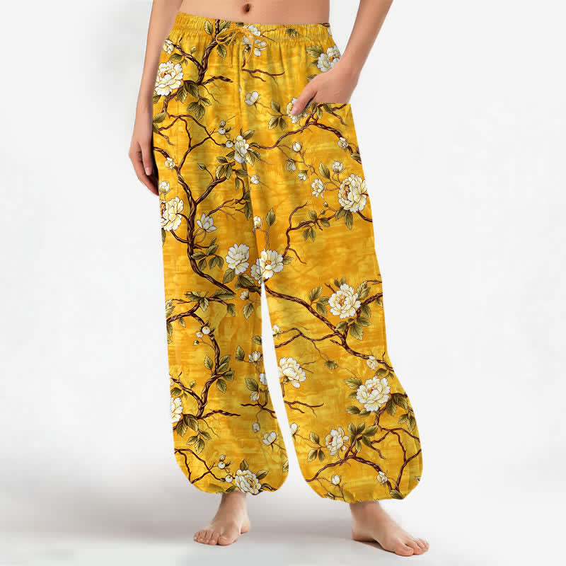 Buddha Stones Cotton Botanical Blossom Pattern Women's Elastic Waist Harem Pants With Side Pockets - Gold - US16，UK/AU20，EU48 (3XL) - image 7