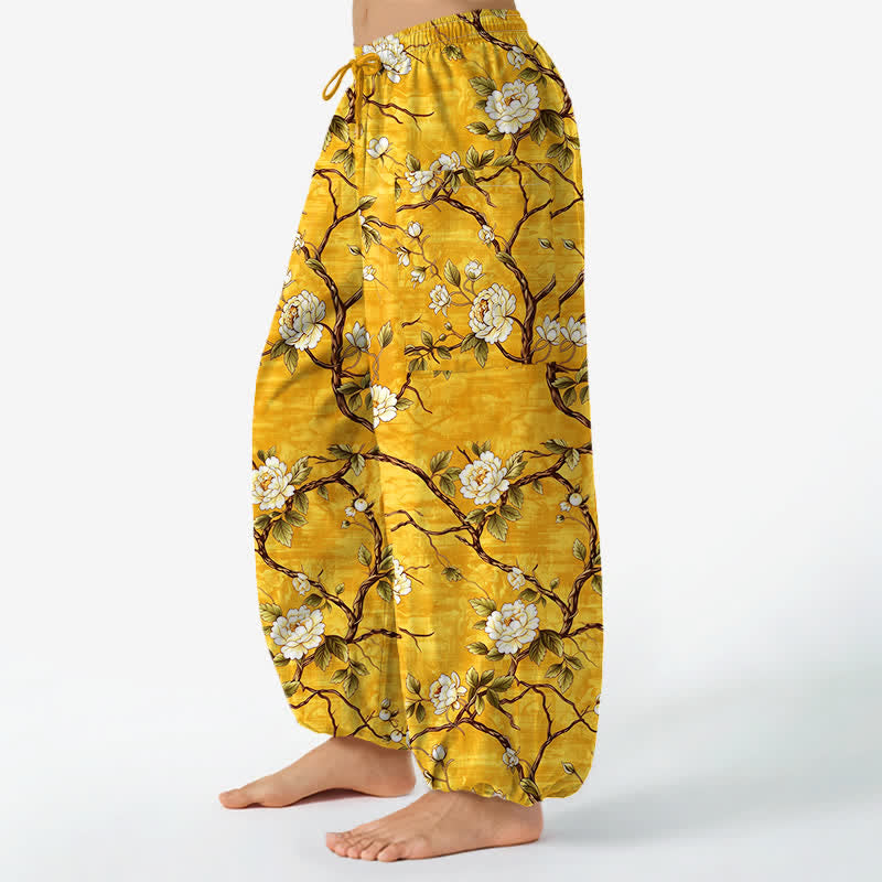 Buddha Stones Cotton Botanical Blossom Pattern Women's Elastic Waist Harem Pants With Side Pockets - image 8