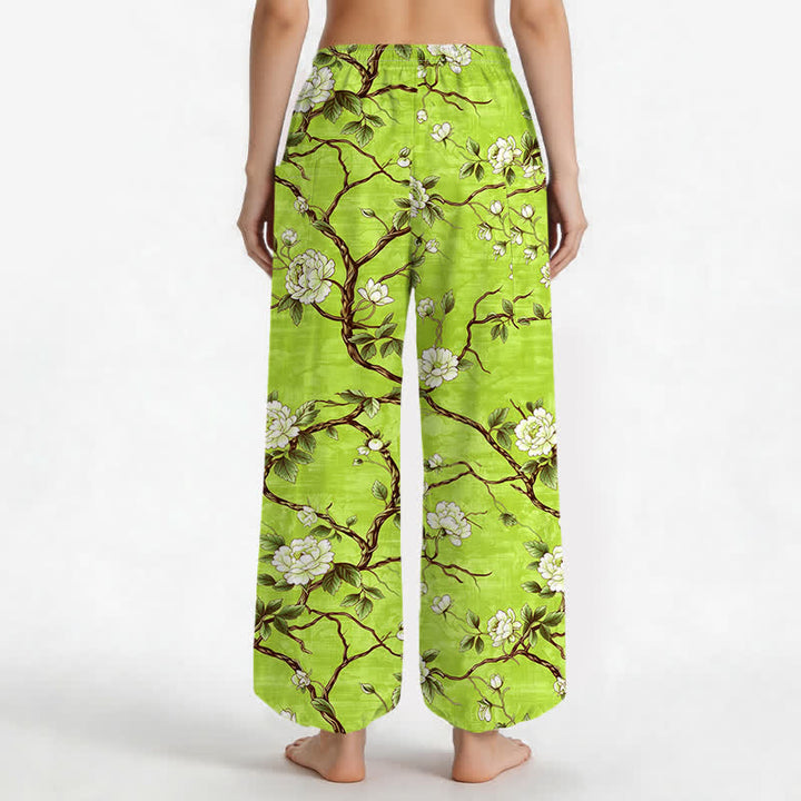 Buddha Stones Cotton Botanical Blossom Pattern Women's Elastic Waist Harem Pants With Side Pockets - image 12