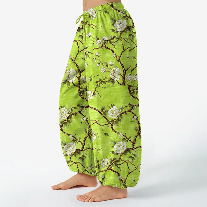 Buddha Stones Cotton Botanical Blossom Pattern Women's Elastic Waist Harem Pants With Side Pockets - image 11
