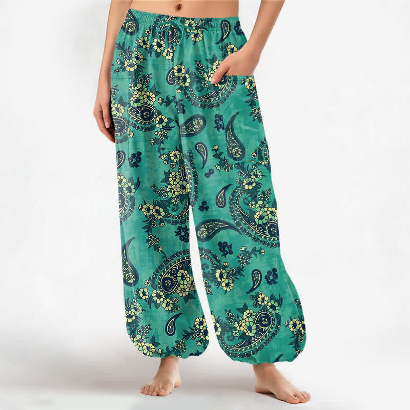 Buddha Stones Cotton Vintage Paisley Floral Pattern Women's Elastic Waist Harem Pants With Side Pockets - Aquamarine - US16，UK/AU20，EU48 (3XL) - image 7