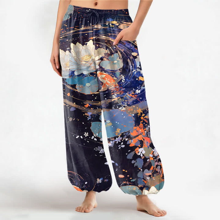 Buddha Stones Cotton Lotus Koi Watercolor Pattern Women's Elastic Waist Harem Pants With Side Pockets - MidnightBlue - US16，UK/AU20，EU48 (3XL) - image 0