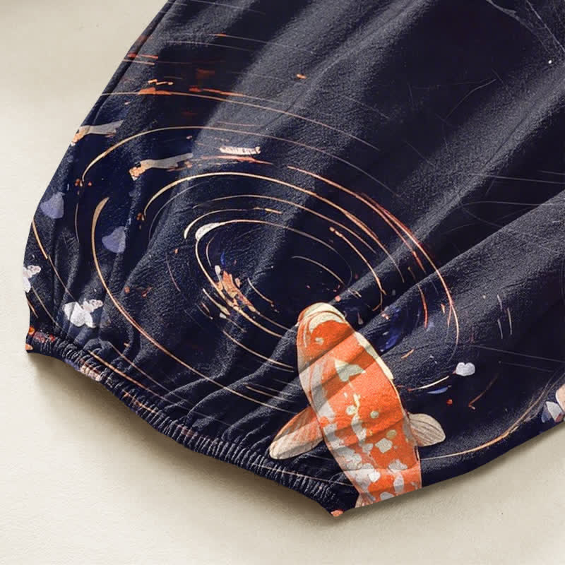 Buddha Stones Cotton Lotus Koi Watercolor Pattern Women's Elastic Waist Harem Pants With Side Pockets - image 6