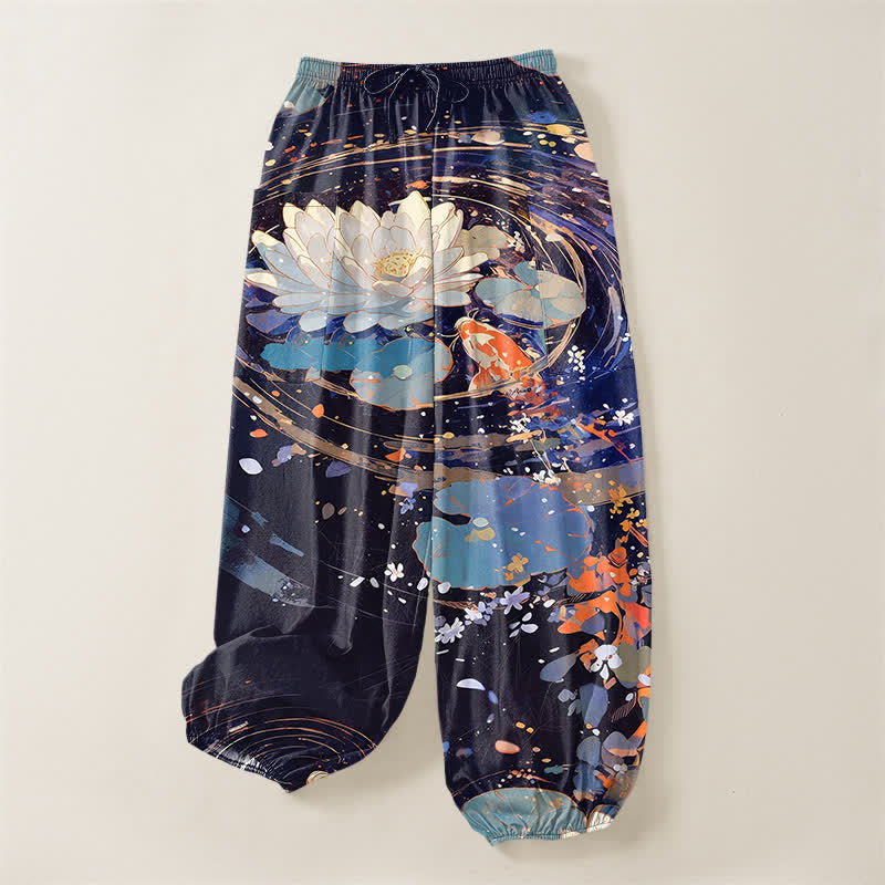 Buddha Stones Cotton Lotus Koi Watercolor Pattern Women's Elastic Waist Harem Pants With Side Pockets - image 3