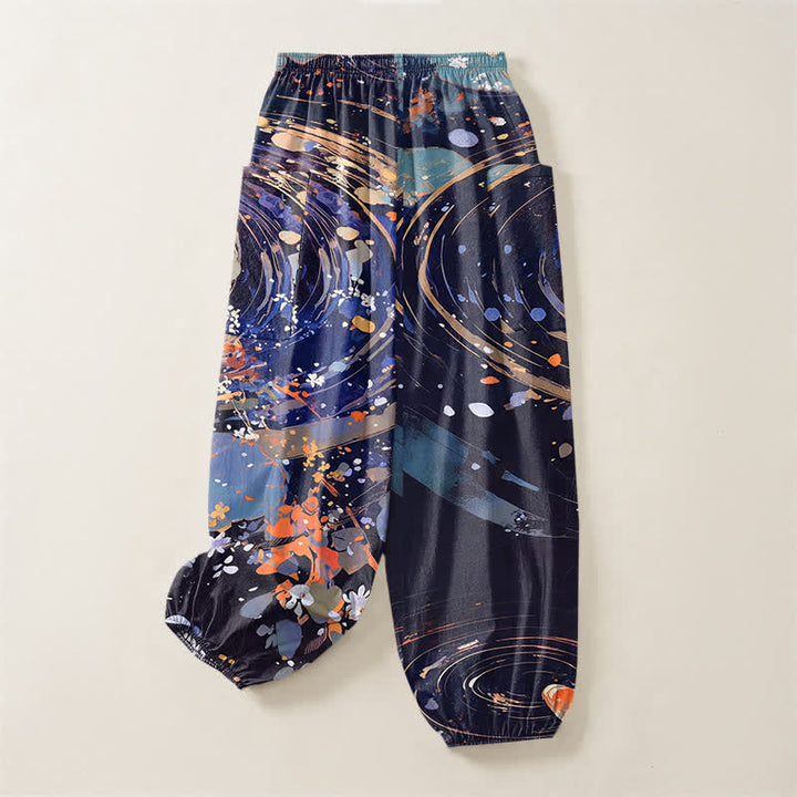 Buddha Stones Cotton Lotus Koi Watercolor Pattern Women's Elastic Waist Harem Pants With Side Pockets - image 4