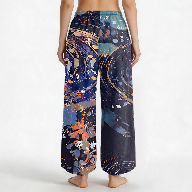 Buddha Stones Cotton Lotus Koi Watercolor Pattern Women's Elastic Waist Harem Pants With Side Pockets - image 2