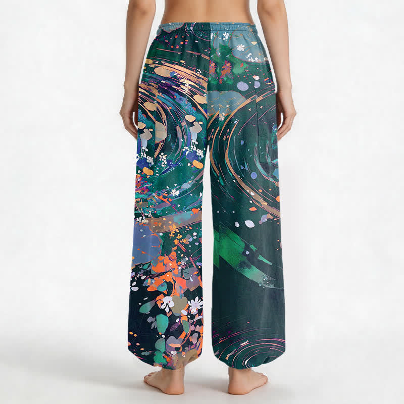 Buddha Stones Cotton Lotus Koi Watercolor Pattern Women's Elastic Waist Harem Pants With Side Pockets - image 9