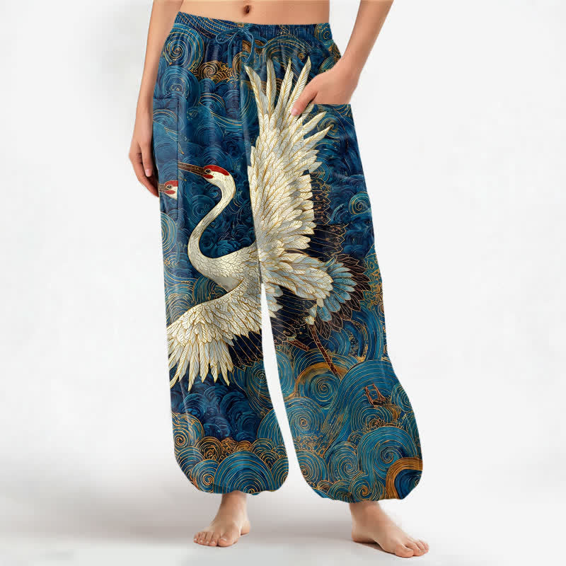 Buddha Stones Cotton Golden Crane Wave Pattern Women's Elastic Waist Harem Pants With Side Pockets - MediumBlue - US16，UK/AU20，EU48 (3XL) - image 0