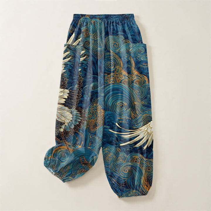Buddha Stones Cotton Golden Crane Wave Pattern Women's Elastic Waist Harem Pants With Side Pockets - image 4