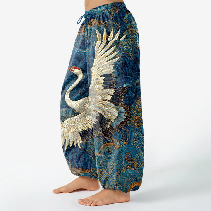 Buddha Stones Cotton Golden Crane Wave Pattern Women's Elastic Waist Harem Pants With Side Pockets - image 1