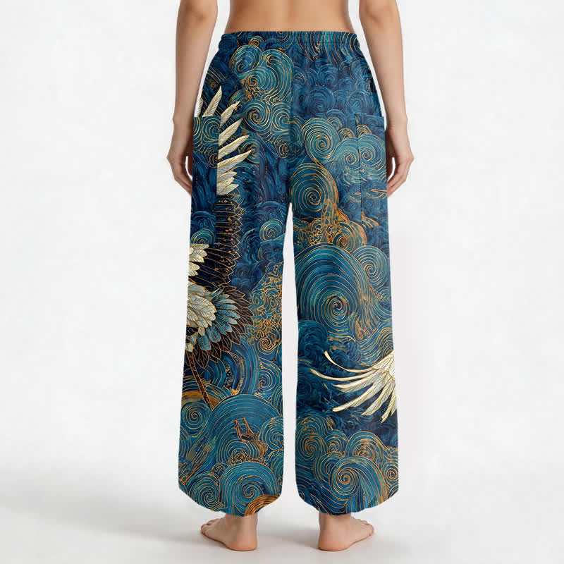 Buddha Stones Cotton Golden Crane Wave Pattern Women's Elastic Waist Harem Pants With Side Pockets - image 2