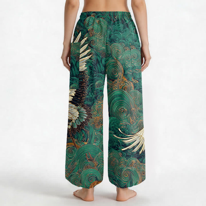 Buddha Stones Cotton Golden Crane Wave Pattern Women's Elastic Waist Harem Pants With Side Pockets - image 9