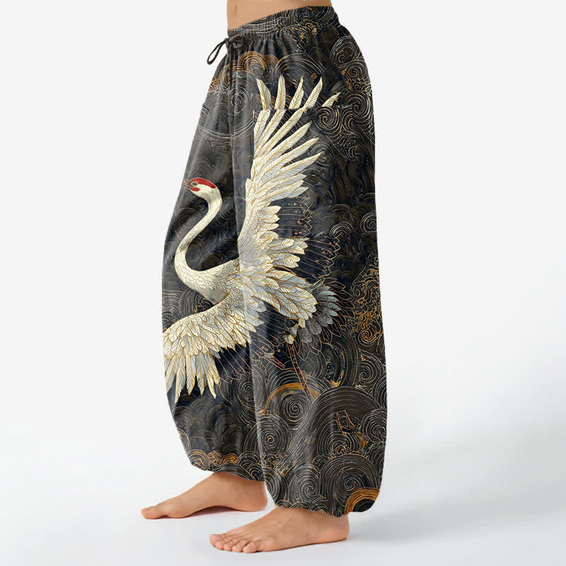 Buddha Stones Cotton Golden Crane Wave Pattern Women's Elastic Waist Harem Pants With Side Pockets - image 11