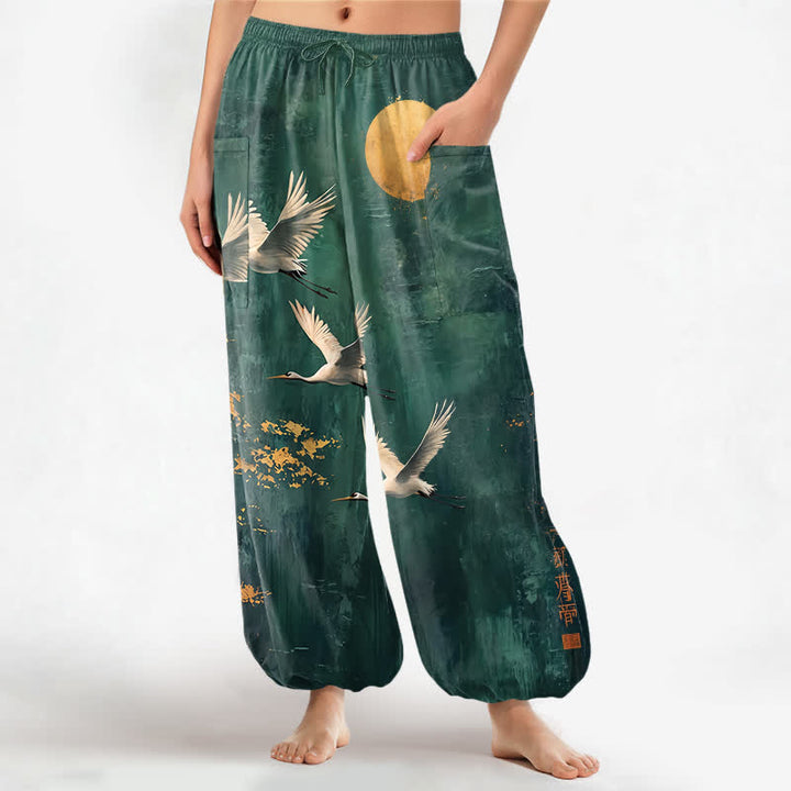 Buddha Stones Cotton Oriental Crane Moon Pattern Women's Elastic Waist Harem Pants With Side Pockets - Teal - US16，UK/AU20，EU48 (3XL) - image 0