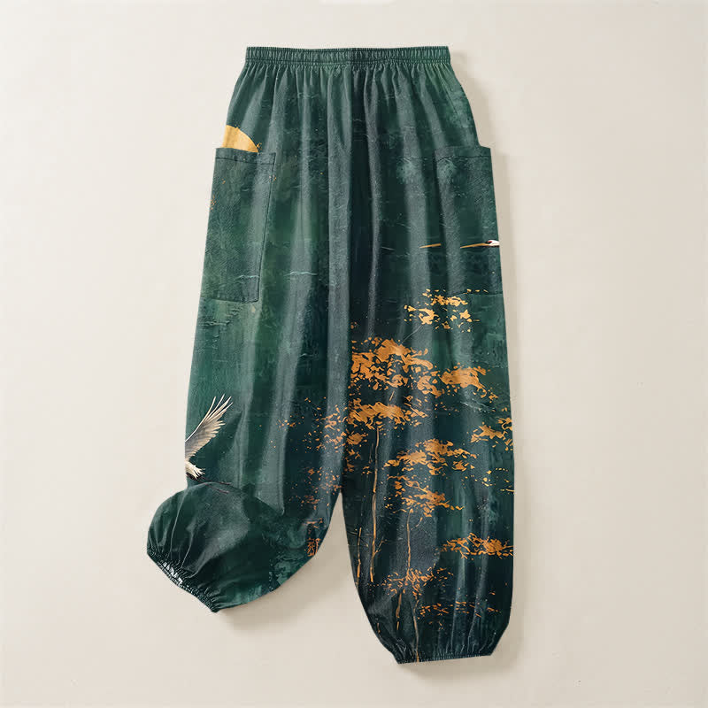 Buddha Stones Cotton Oriental Crane Moon Pattern Women's Elastic Waist Harem Pants With Side Pockets - image 4