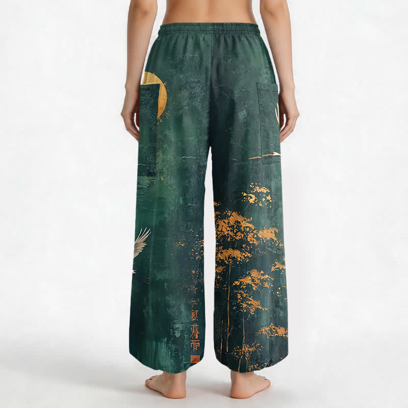 Buddha Stones Cotton Oriental Crane Moon Pattern Women's Elastic Waist Harem Pants With Side Pockets - image 2