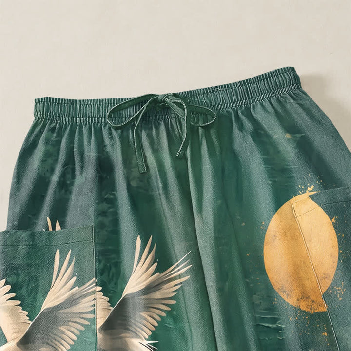 Buddha Stones Cotton Oriental Crane Moon Pattern Women's Elastic Waist Harem Pants With Side Pockets - image 5