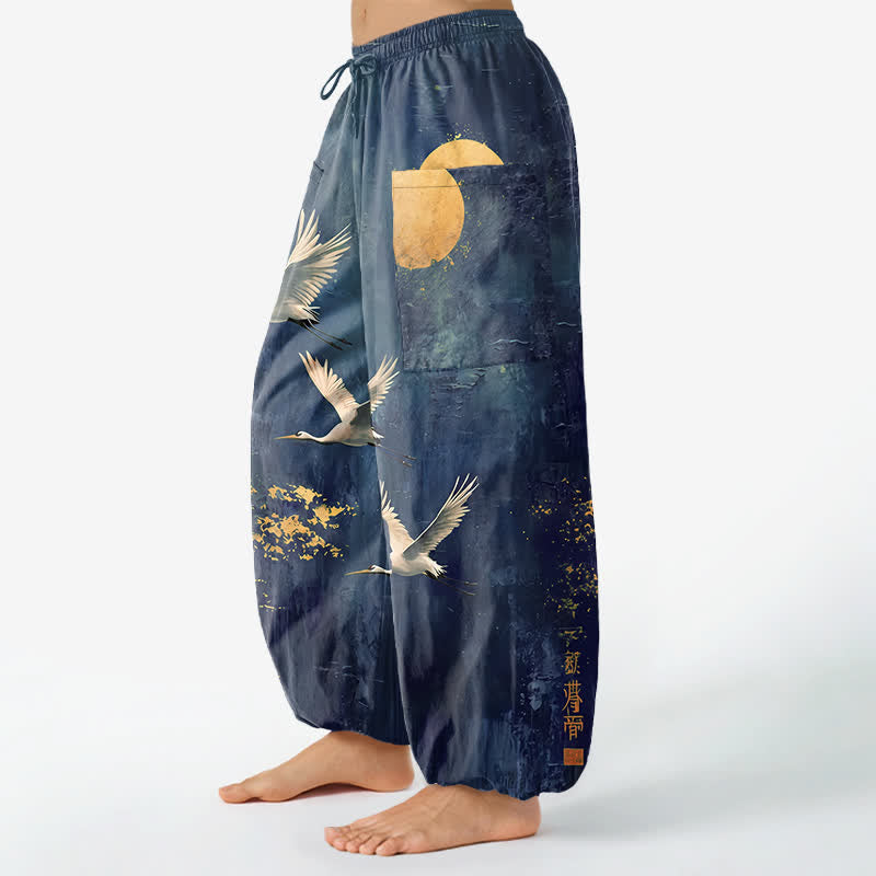 Buddha Stones Cotton Oriental Crane Moon Pattern Women's Elastic Waist Harem Pants With Side Pockets - image 8