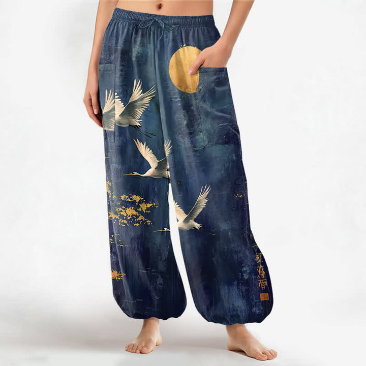 Buddha Stones Cotton Oriental Crane Moon Pattern Women's Elastic Waist Harem Pants With Side Pockets - Navy - US16，UK/AU20，EU48 (3XL) - image 7