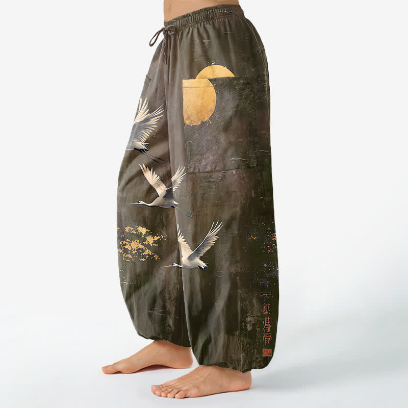 Buddha Stones Cotton Oriental Crane Moon Pattern Women's Elastic Waist Harem Pants With Side Pockets - image 11
