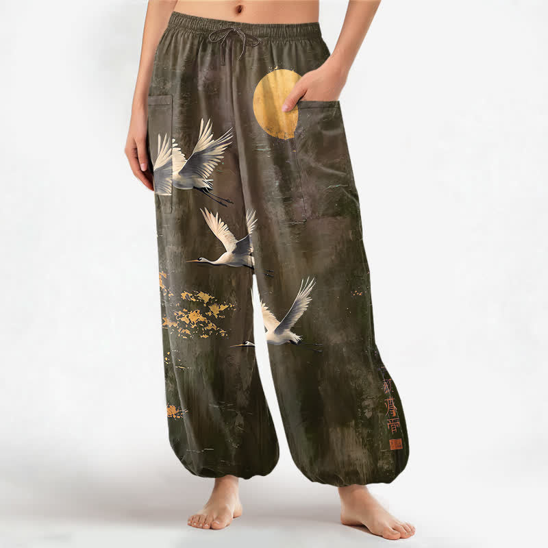Buddha Stones Cotton Oriental Crane Moon Pattern Women's Elastic Waist Harem Pants With Side Pockets - Olive - US16，UK/AU20，EU48 (3XL) - image 10