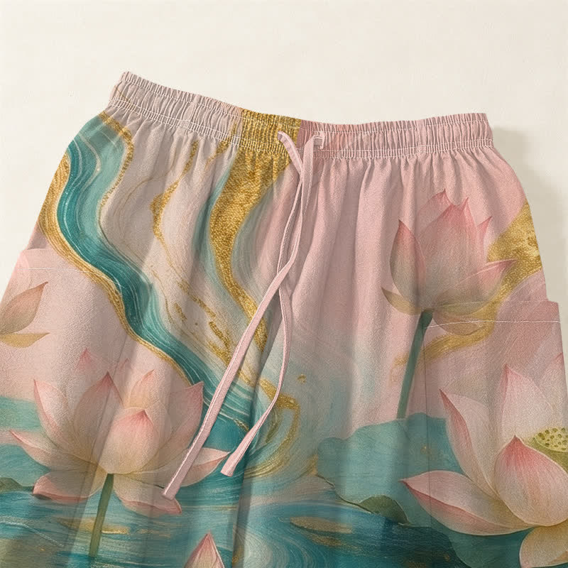 Buddha Stones Cotton Lotus Pond Ink Wash Pattern Women's Elastic Waist Harem Pants With Side Pockets - image 5
