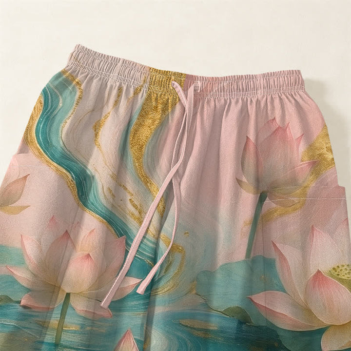 Buddha Stones Cotton Lotus Pond Ink Wash Pattern Women's Elastic Waist Harem Pants With Side Pockets - image 5