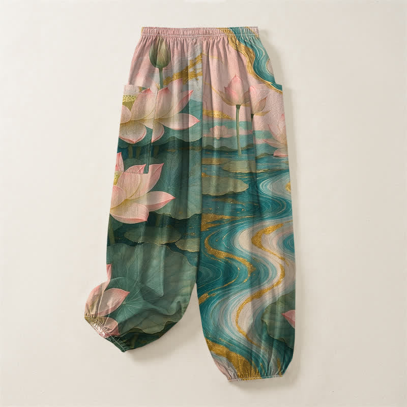 Buddha Stones Cotton Lotus Pond Ink Wash Pattern Women's Elastic Waist Harem Pants With Side Pockets - image 4