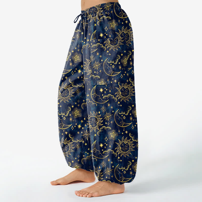 Buddha Stones Cotton Celestial Sun Moon Star Pattern Women's Elastic Waist Harem Pants With Side Pockets - image 1